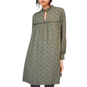 Zara Clip Dot Long Sleeve Babydoll Dress in Olive Green